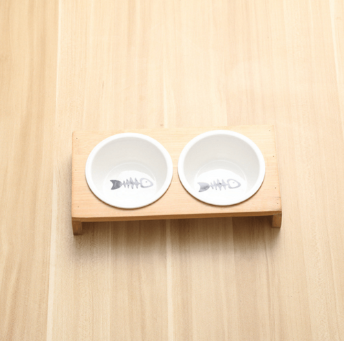 Bamboo And Ceramic Cat Dog Feeder Bowls