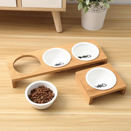 Bamboo And Ceramic Cat Dog Feeder Bowls